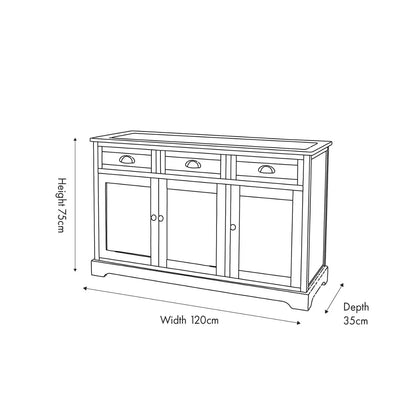 Olive Green Pine Wood 3 Door 3 Drawer Sideboard with Matt Black Cup Handles dimensions drawing 75x120x35cm | Click Style