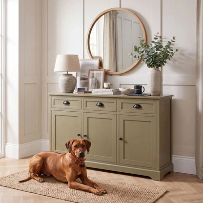 Olive Green Pine Wood 3 Door 3 Drawer Sideboard with Matt Black Cup Handles styled in a modern country home with a Rhodesian Ridgeback dog lying on a rug 75x120x35cm | Click Style