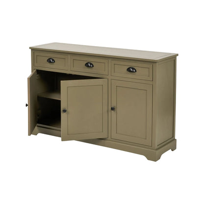 Olive Green Pine Wood 3 Door 3 Drawer Sideboard with Matt Black Cup Handles left angled view with two cupboard doors open 75x120x35cm | Click Style