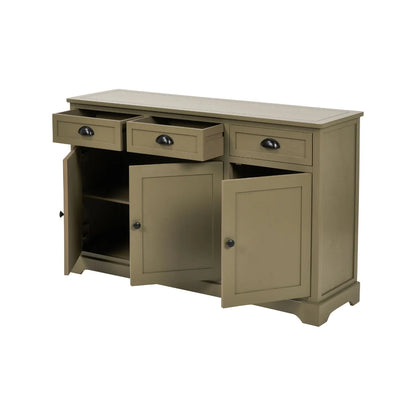 Olive Green Pine Wood 3 Door 3 Drawer Sideboard with Matt Black Cup Handles left angled view with all cupboard doors and two drawers open 75x120x35cm | Click Style