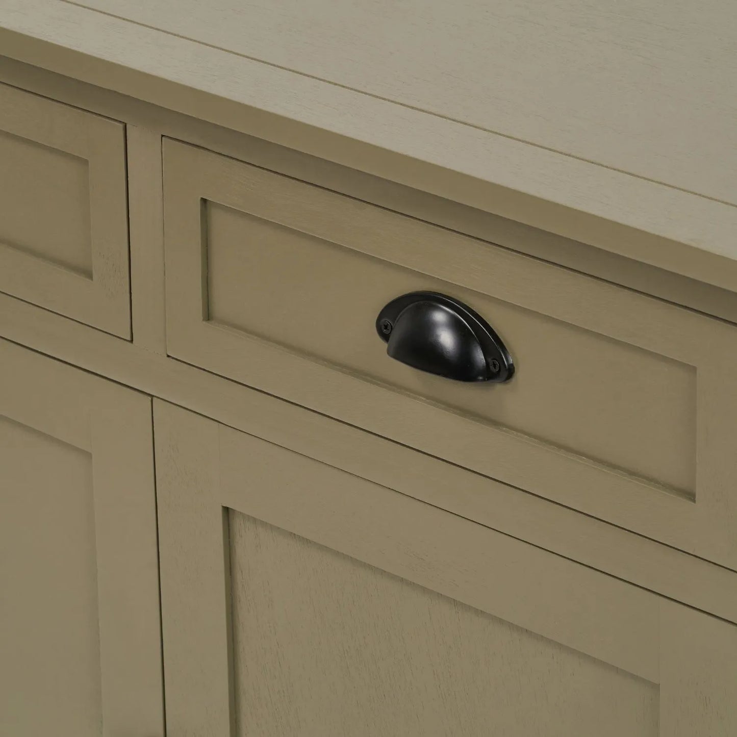 Olive Green Pine Wood 3 Door 3 Drawer Sideboard with Matt Black Cup Handles close up of second drawer front with cup handle 75x120x35cm | Click Style