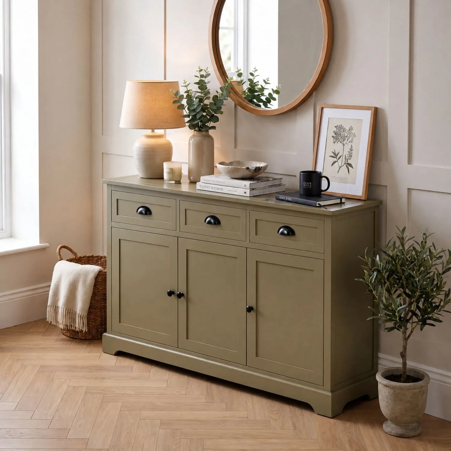 Olive Green Pine Wood 3 Door 3 Drawer Sideboard with Matt Black Cup Handles styled in a modern country home 75x120x35cm | Click Style
