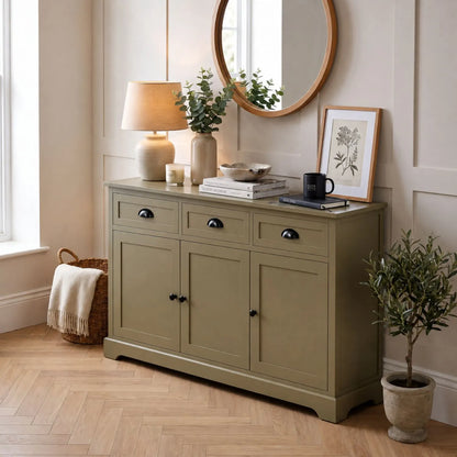 Olive Green Pine Wood 3 Door 3 Drawer Sideboard with Matt Black Cup Handles styled in a modern country home 75x120x35cm | Click Style