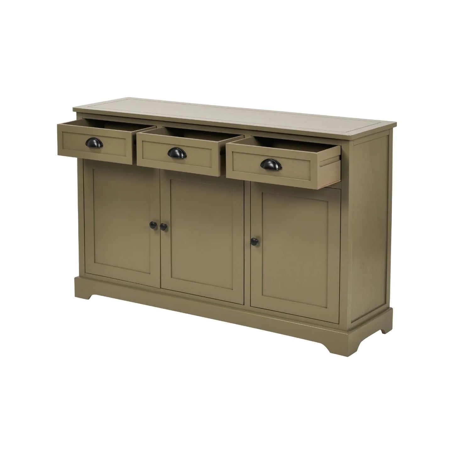 Olive Green Pine Wood 3 Door 3 Drawer Sideboard with Matt Black Cup Handles left angled view with all three drawers open 75x120x35cm | Click Style