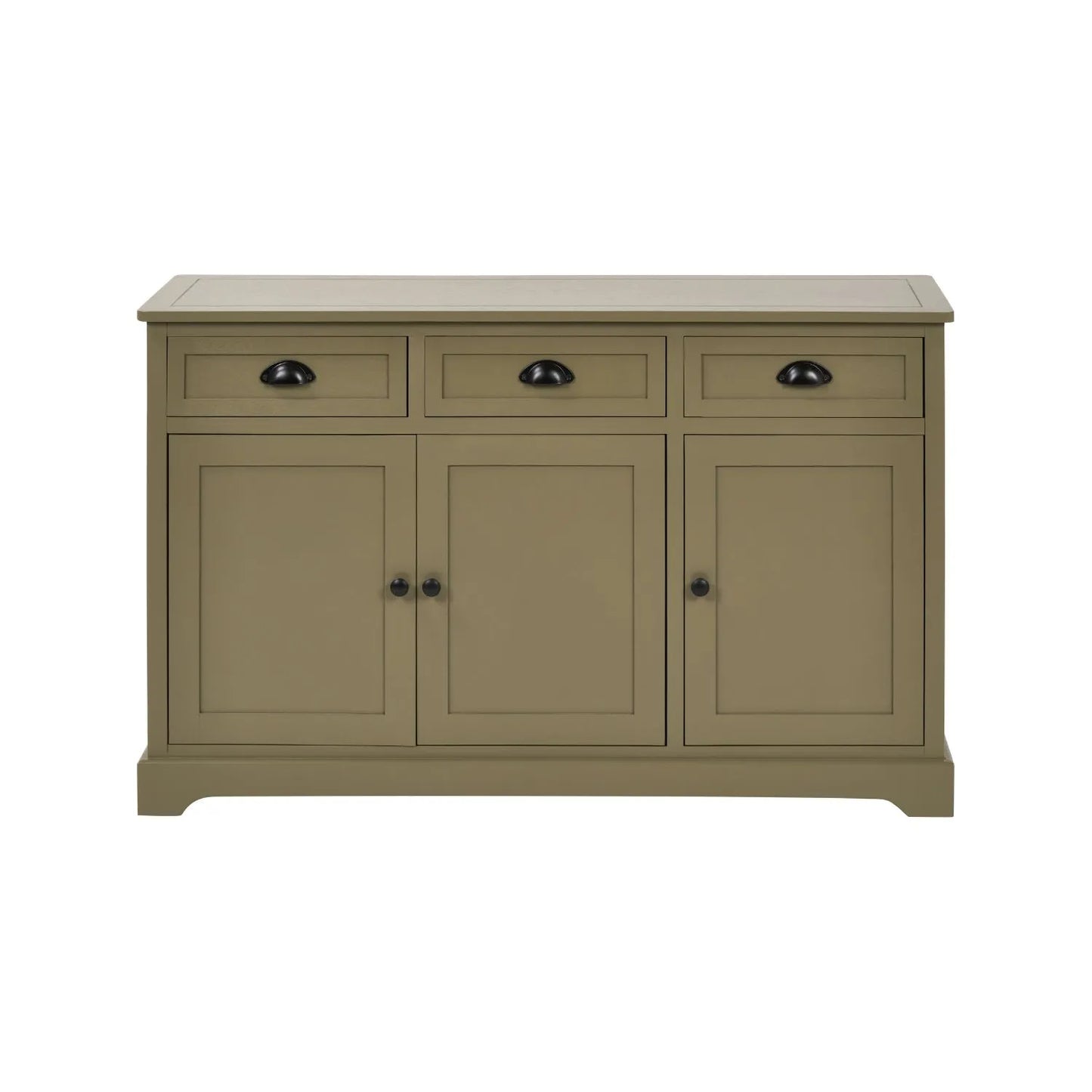 Olive Green Pine Wood 3 Door 3 Drawer Sideboard with Matt Black Cup Handles front view 75x120x35cm | Click Style
