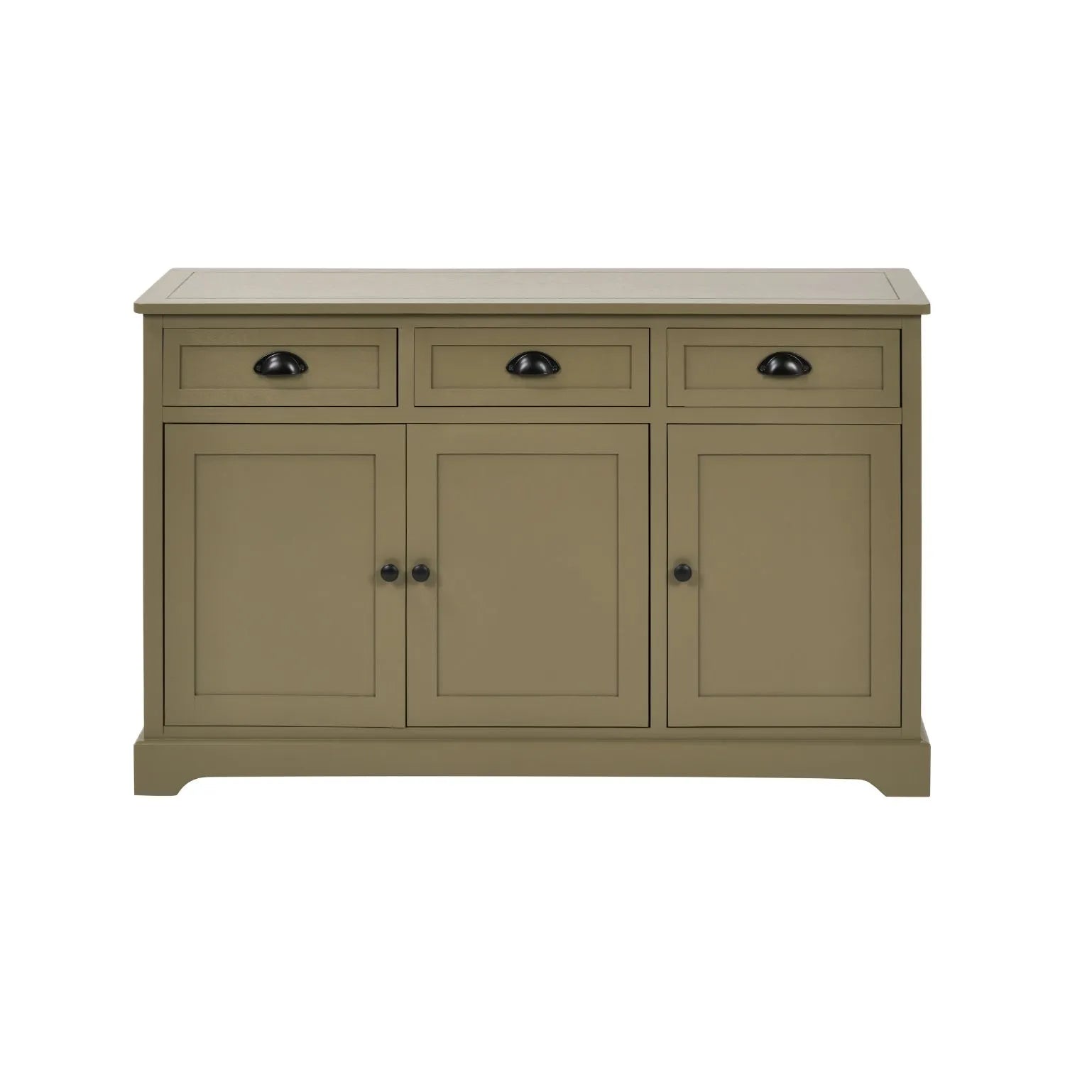 Olive Green Pine Wood 3 Door 3 Drawer Sideboard with Matt Black Cup Handles front view 75x120x35cm | Click Style