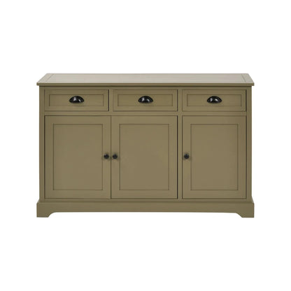 Olive Green Pine Wood 3 Door 3 Drawer Sideboard with Matt Black Cup Handles front view 75x120x35cm | Click Style