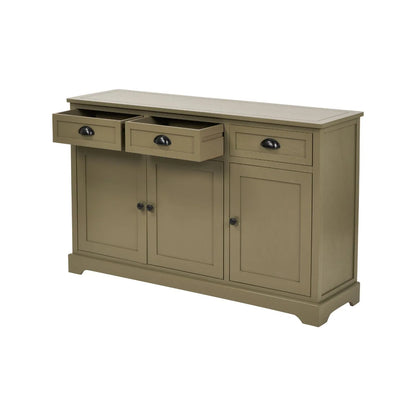 Olive Green Pine Wood 3 Door 3 Drawer Sideboard with Matt Black Cup Handles left angled view with two drawers open 75x120x35cm | Click Style