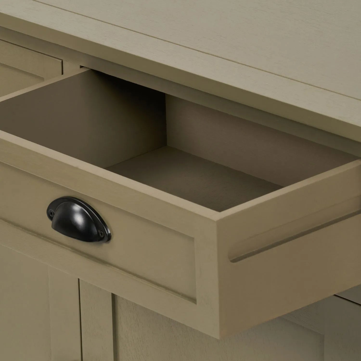 Olive Green Pine Wood 3 Door 3 Drawer Sideboard with Matt Black Cup Handles close up of second drawer open showing drawer interior and cup handle 75x120x35cm | Click Style