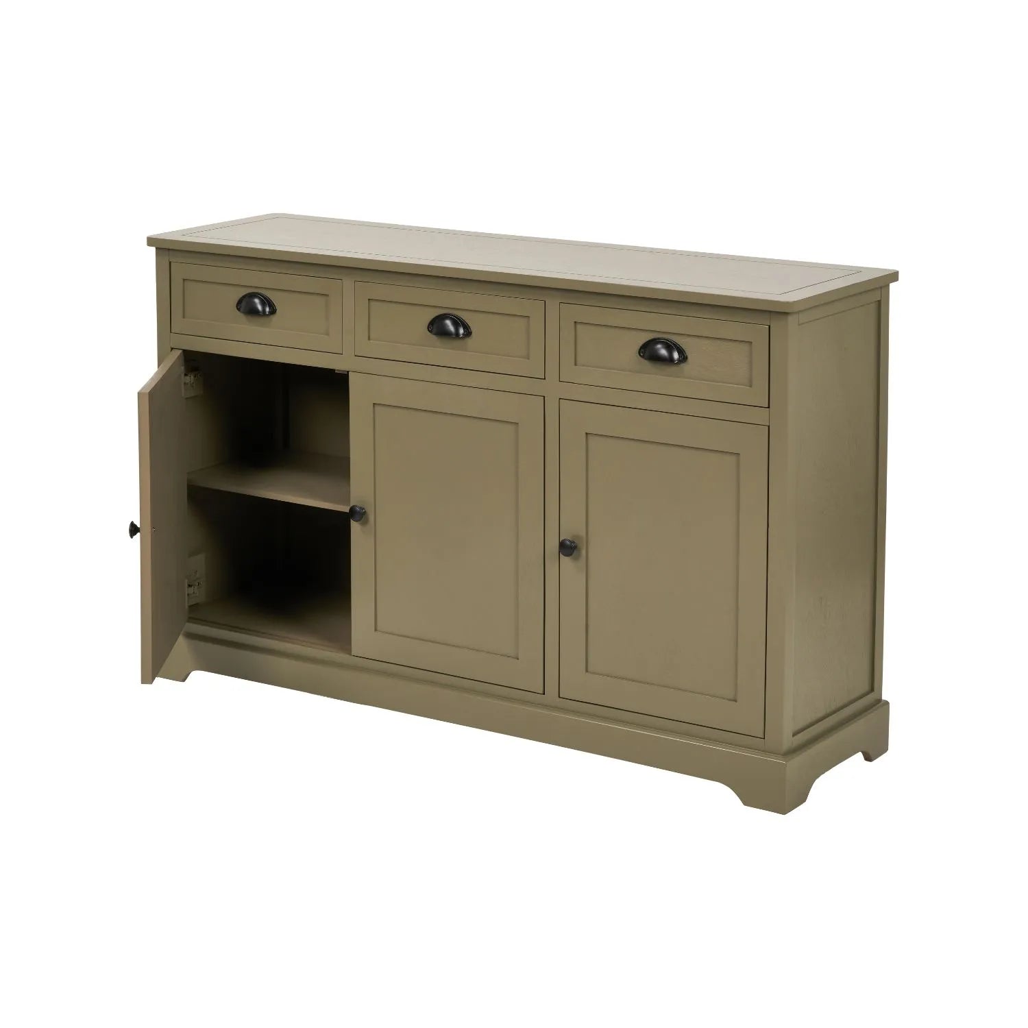 Olive Green Pine Wood 3 Door 3 Drawer Sideboard with Matt Black Cup Handles left angled view with one cupboard door open 75x120x35cm | Click Style