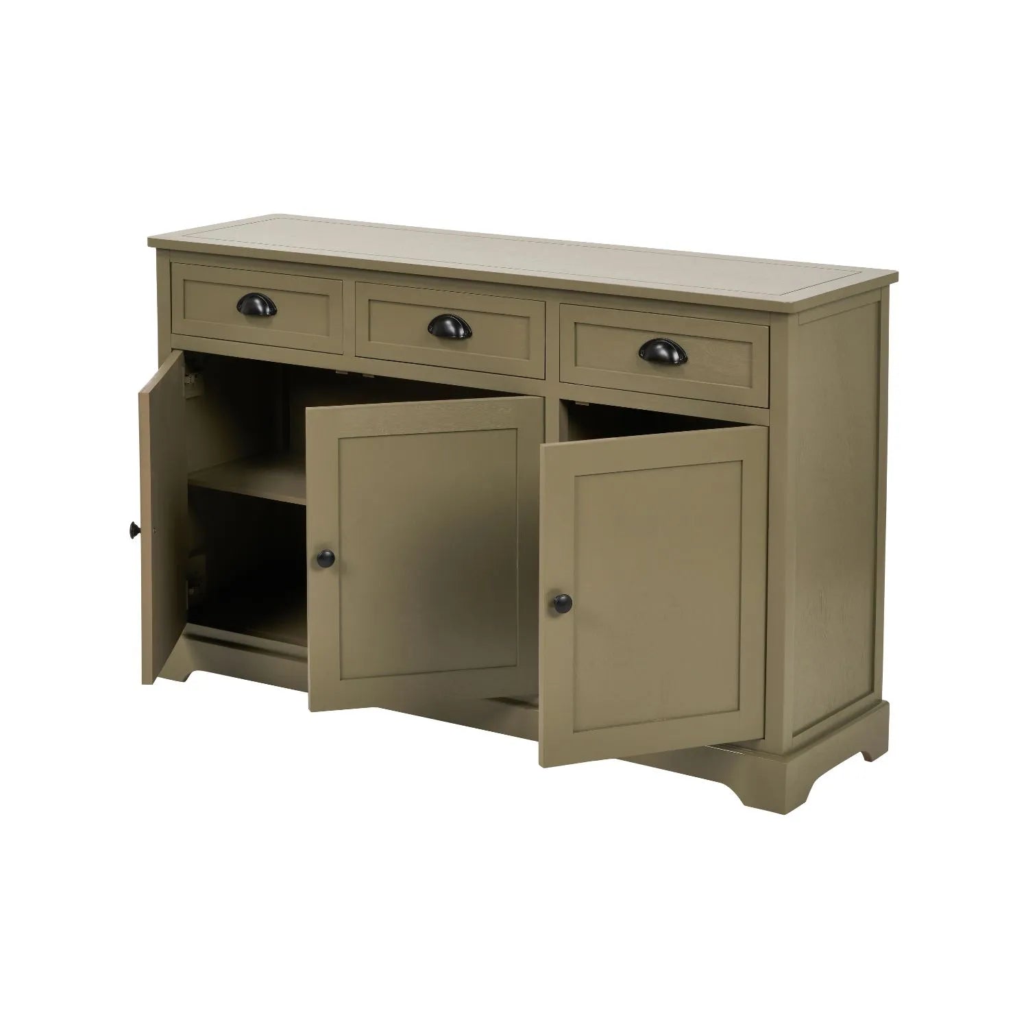 live Green Pine Wood 3 Door 3 Drawer Sideboard with Matt Black Cup Handles left angled view with all cupboard doors open 75x120x35cm | Click Style