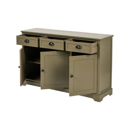 Olive Green Pine Wood 3 Door 3 Drawer Sideboard with Matt Black Cup Handles left angled view with all cupboard doors and three drawers open 75x120x35cm | Click Style