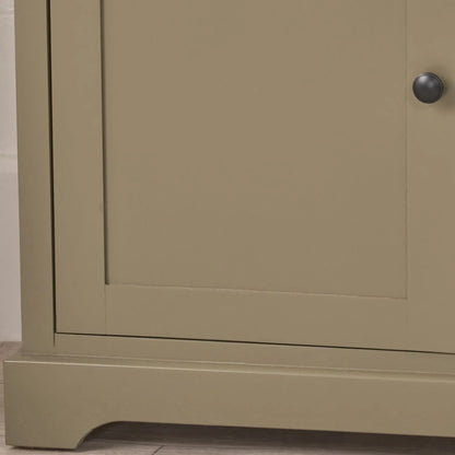 Olive Green Pine Wood 3 Door 3 Drawer Sideboard with Matt Black Cup Handles close up of bottom left corner with black knob handle and plinth base 75x120x35cm | Click Style