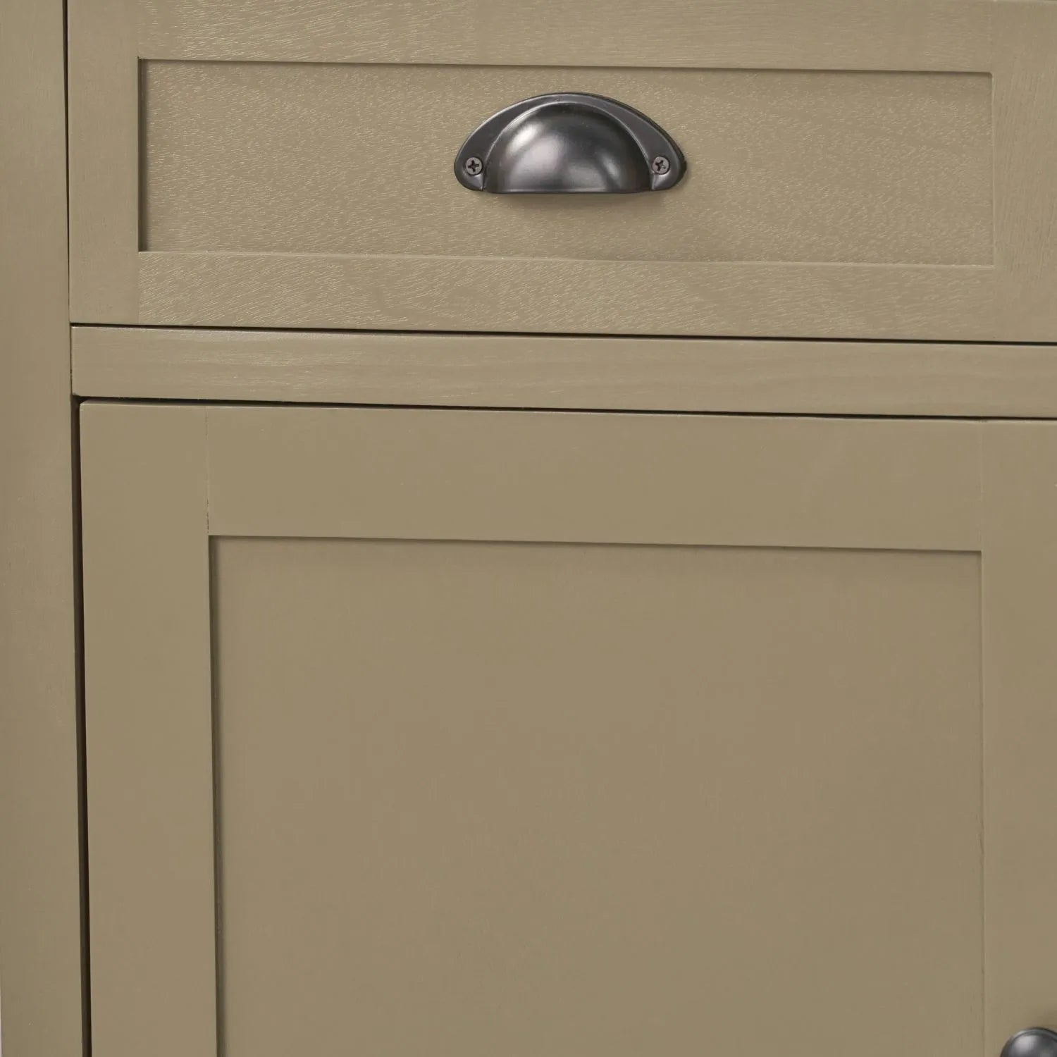 Olive Green Pine Wood 3 Door 3 Drawer Sideboard with Matt Black Cup Handles close up of left hand side with first drawer, cup handle, cupboard door and black knob handle 75x120x35cm | Click Style