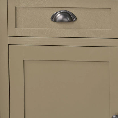 Olive Green Pine Wood 3 Door 3 Drawer Sideboard with Matt Black Cup Handles close up of left hand side with first drawer, cup handle, cupboard door and black knob handle 75x120x35cm | Click Style