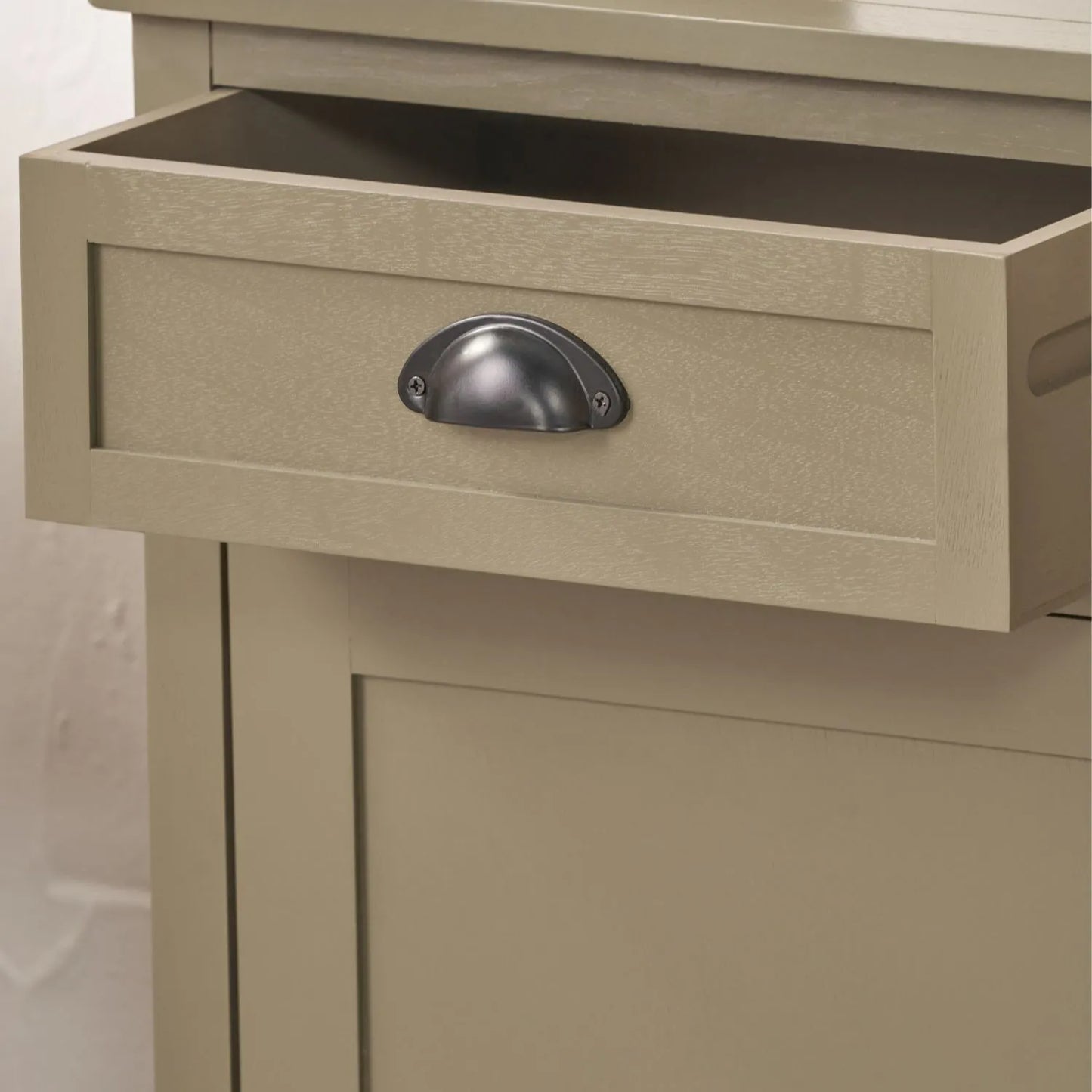 Olive Green Pine Wood 3 Door 3 Drawer Sideboard with Matt Black Cup Handles close up of first drawer and cup handle 75x120x35cm | Click Style