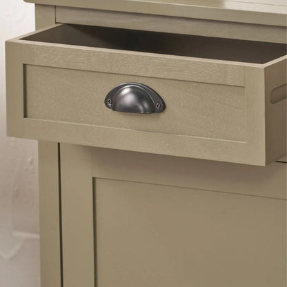 Olive Green Pine Wood 3 Door 3 Drawer Sideboard with Matt Black Cup Handles close up of first drawer and cup handle 75x120x35cm | Click Style
