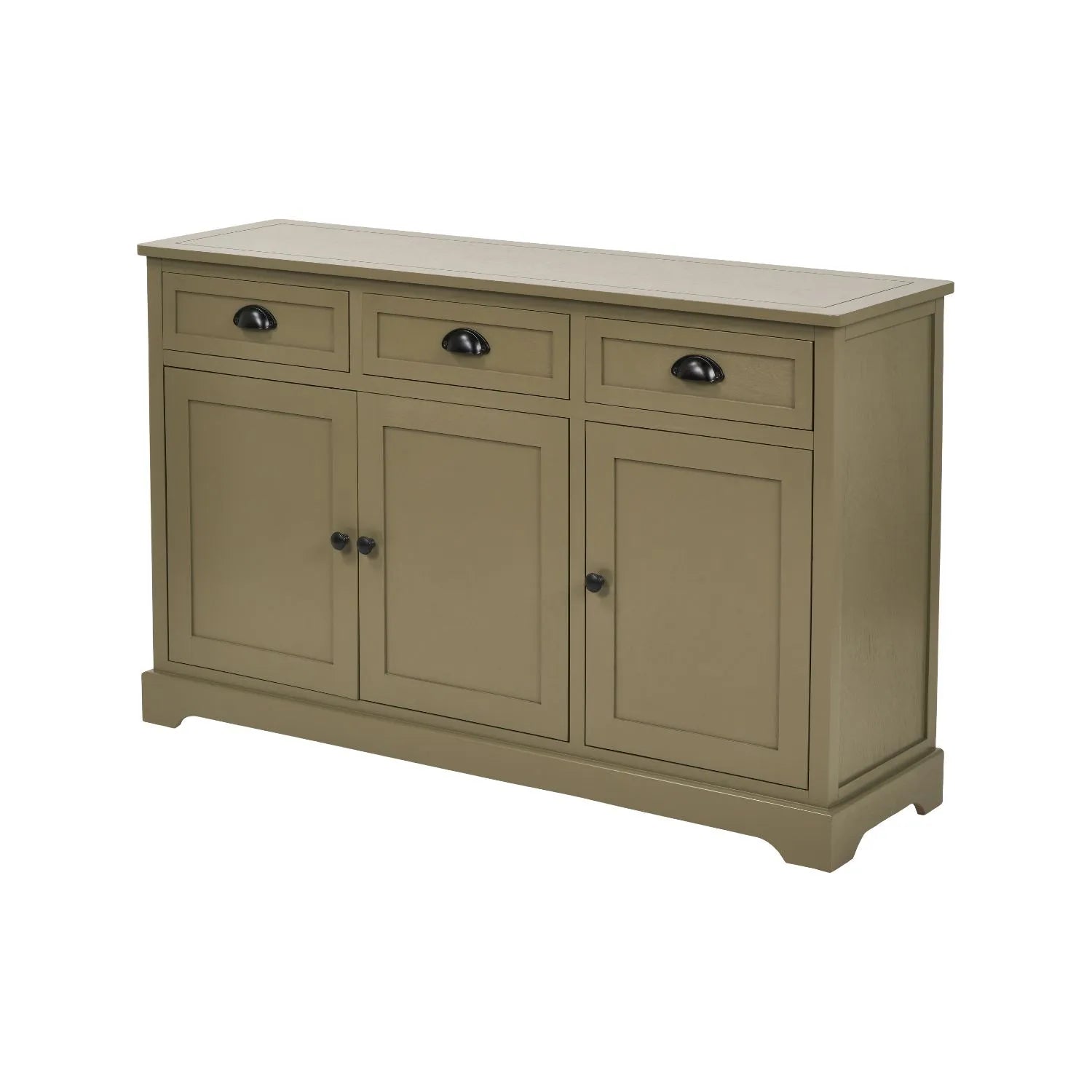Olive Green Pine Wood 3 Door 3 Drawer Sideboard with Matt Black Cup Handles angled front left view 75x120x35cm | Click Style