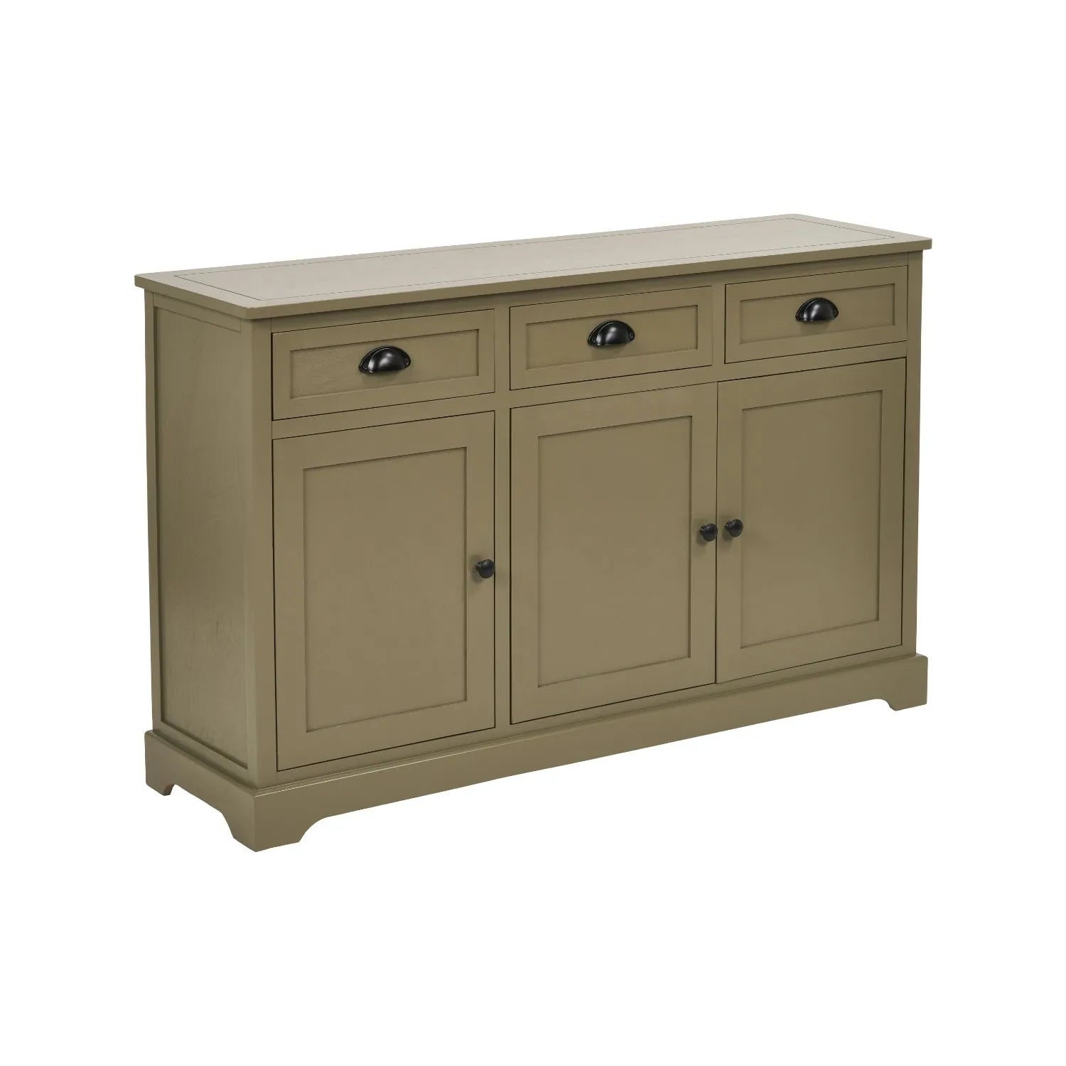 Olive Green Pine Wood 3 Door 3 Drawer Sideboard with Matt Black Cup Handles angled front right view 75x120x35cm | Click Style