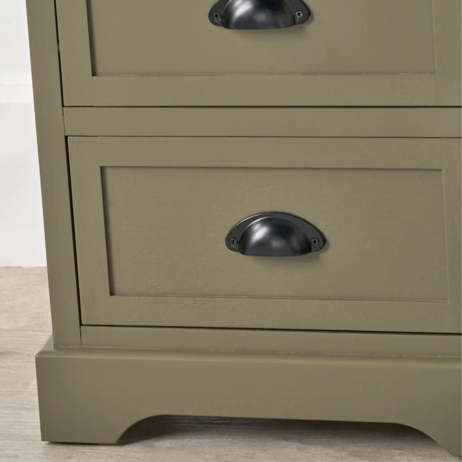 Olive Green Pine Wood 3 Drawer Chest of Drawers with Matt Black Cup Handle Close Up of Bottom Right Drawer Open and Plinth Base | Click Style