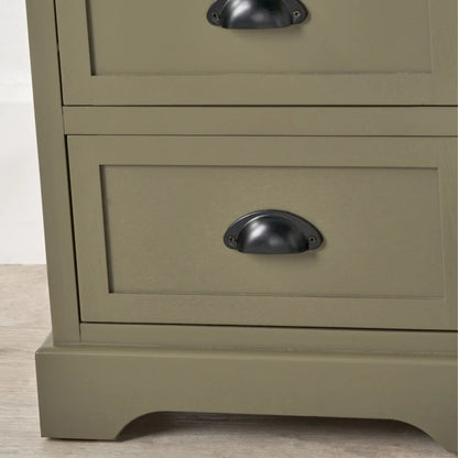 Olive Green Pine Wood 3 Drawer Chest of Drawers with Matt Black Cup Handle Close Up of Bottom Right Drawer Open and Plinth Base | Click Style