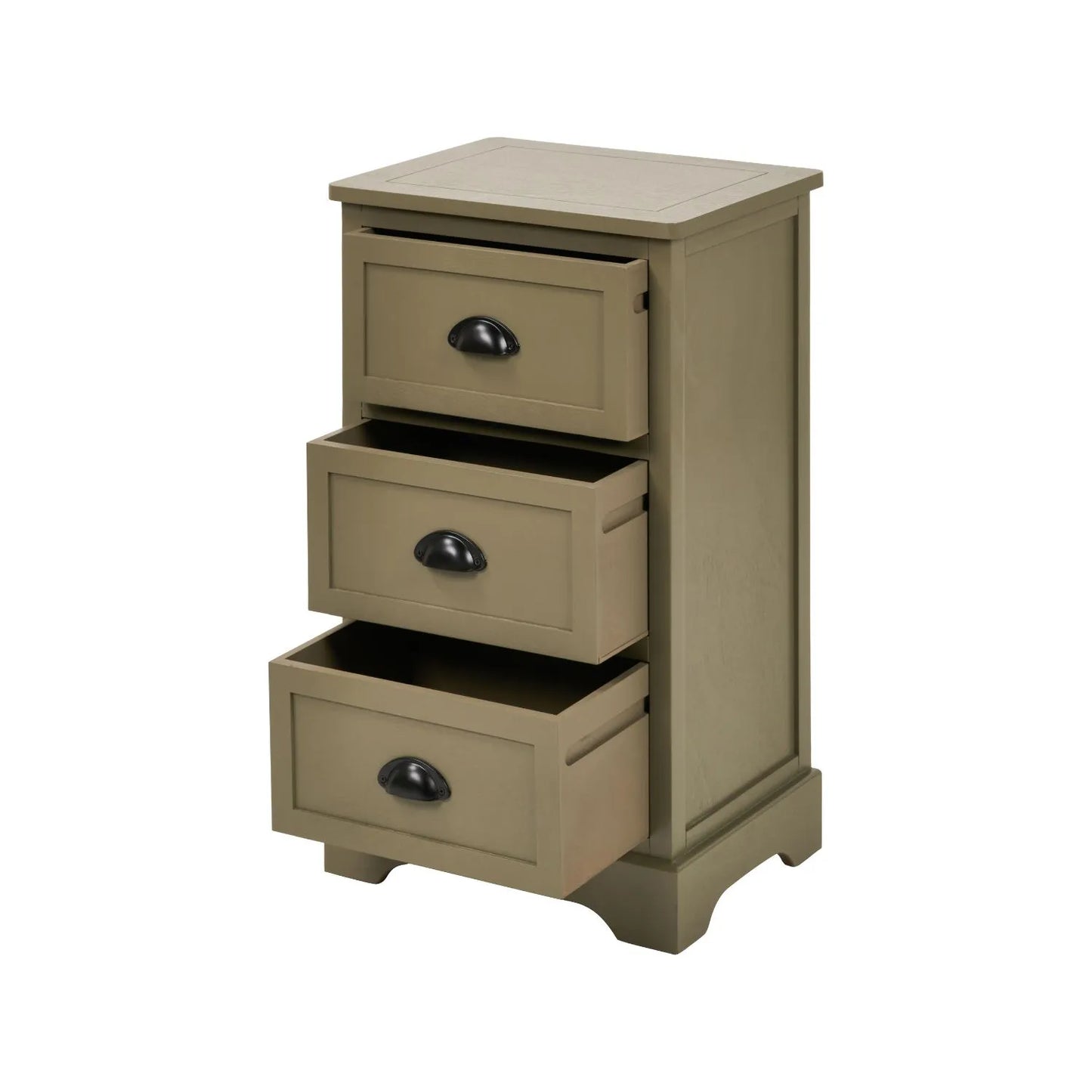 Olive Green Pine Wood 3 Drawer Chest of Drawers with Matt Black Cup Handles Angled Front View with All Three Drawers Open | Click Style
