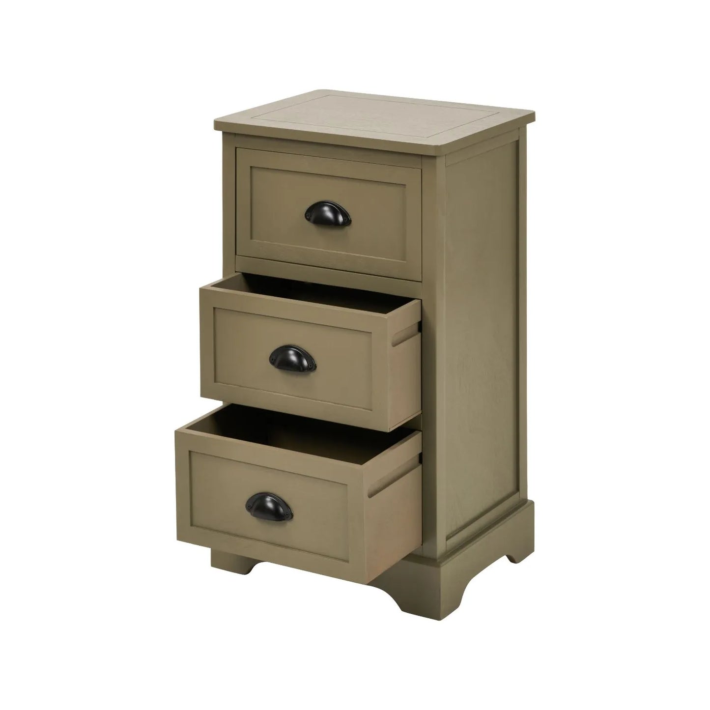 Olive Green Pine Wood 3 Drawer Chest of Drawers with Matt Black Cup Handles Angled Front View with Two Drawers Open | Click Style