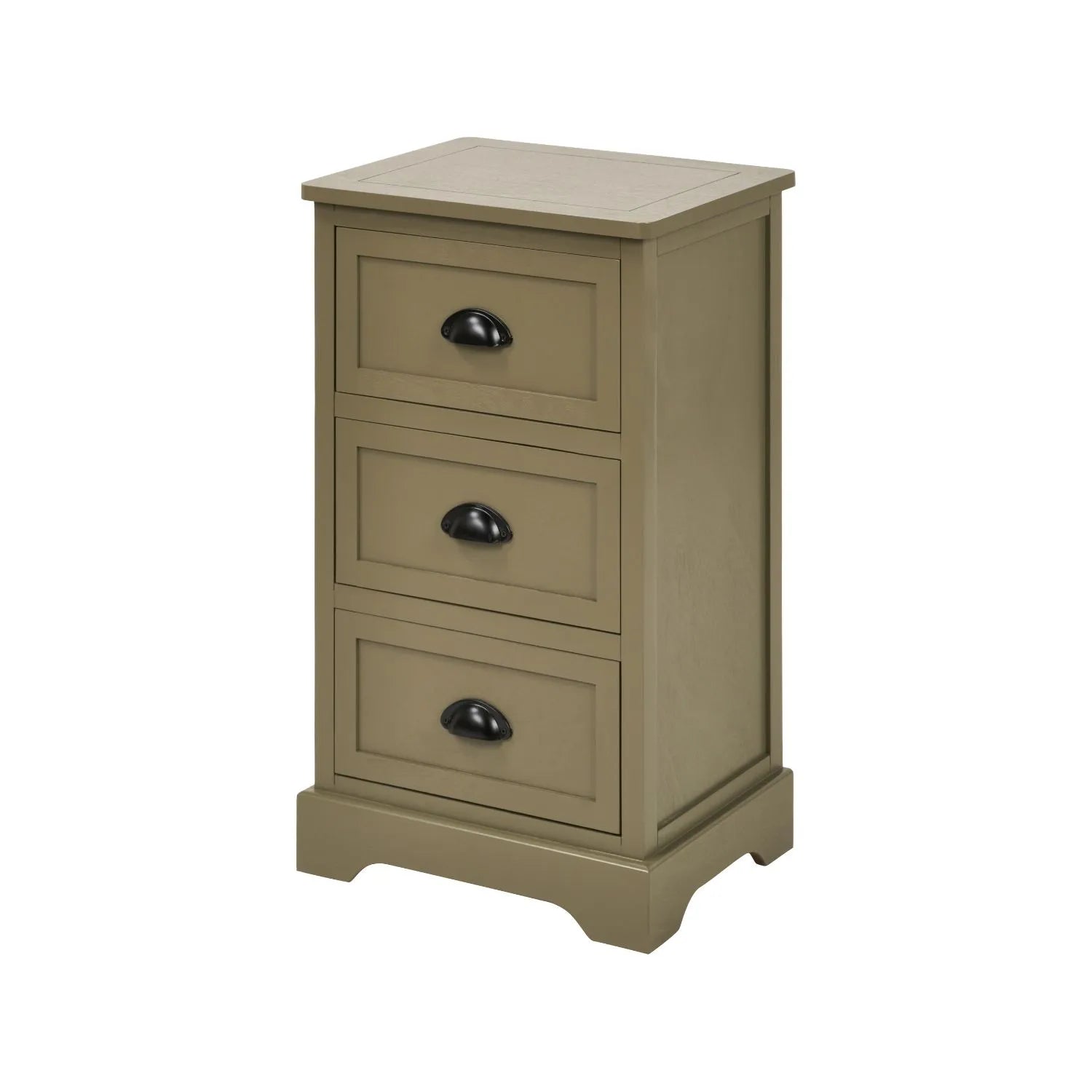 Olive Green Pine Wood 3 Drawer Chest of Drawers with Matt Black Cup Handles Angled Front View | Click Style