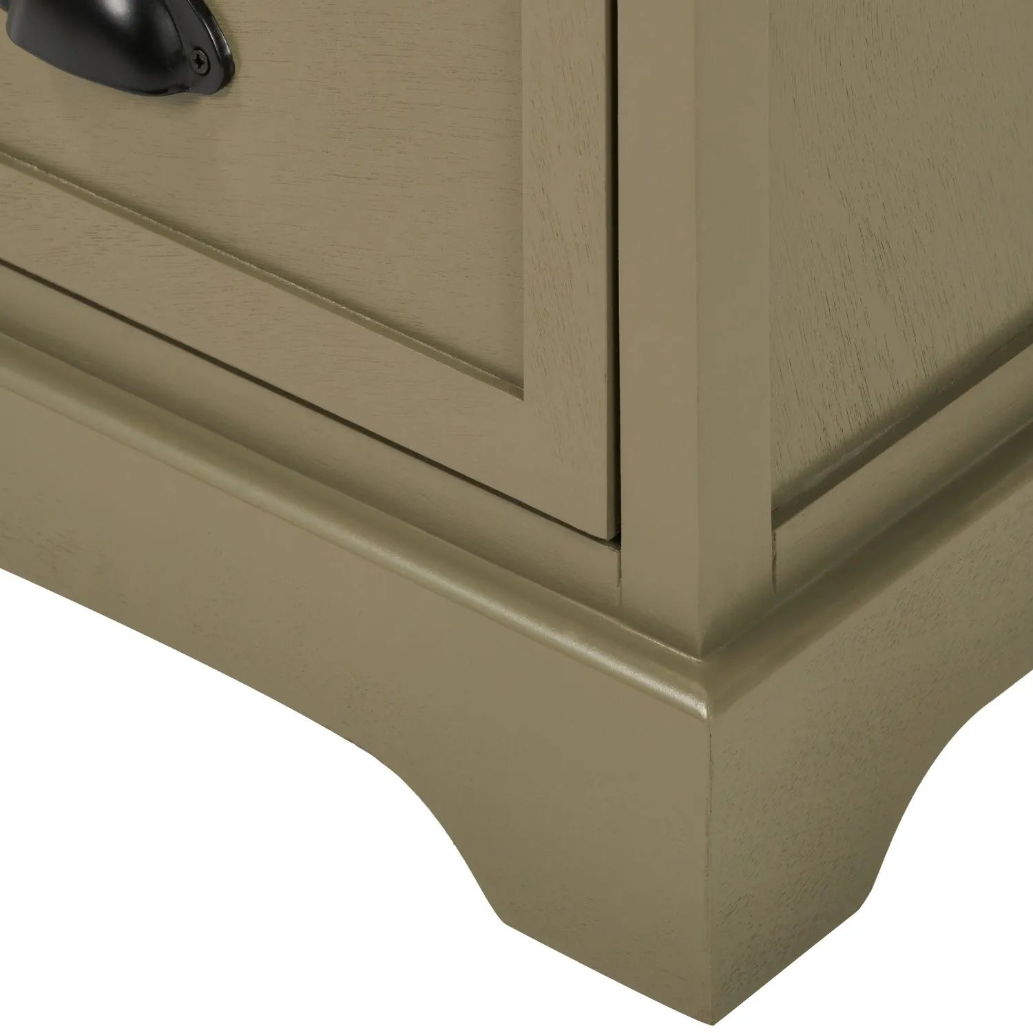 Olive Green Pine Wood 3 Drawer Chest of Drawers Close Up of Bottom Right Plinth Base | Click Style