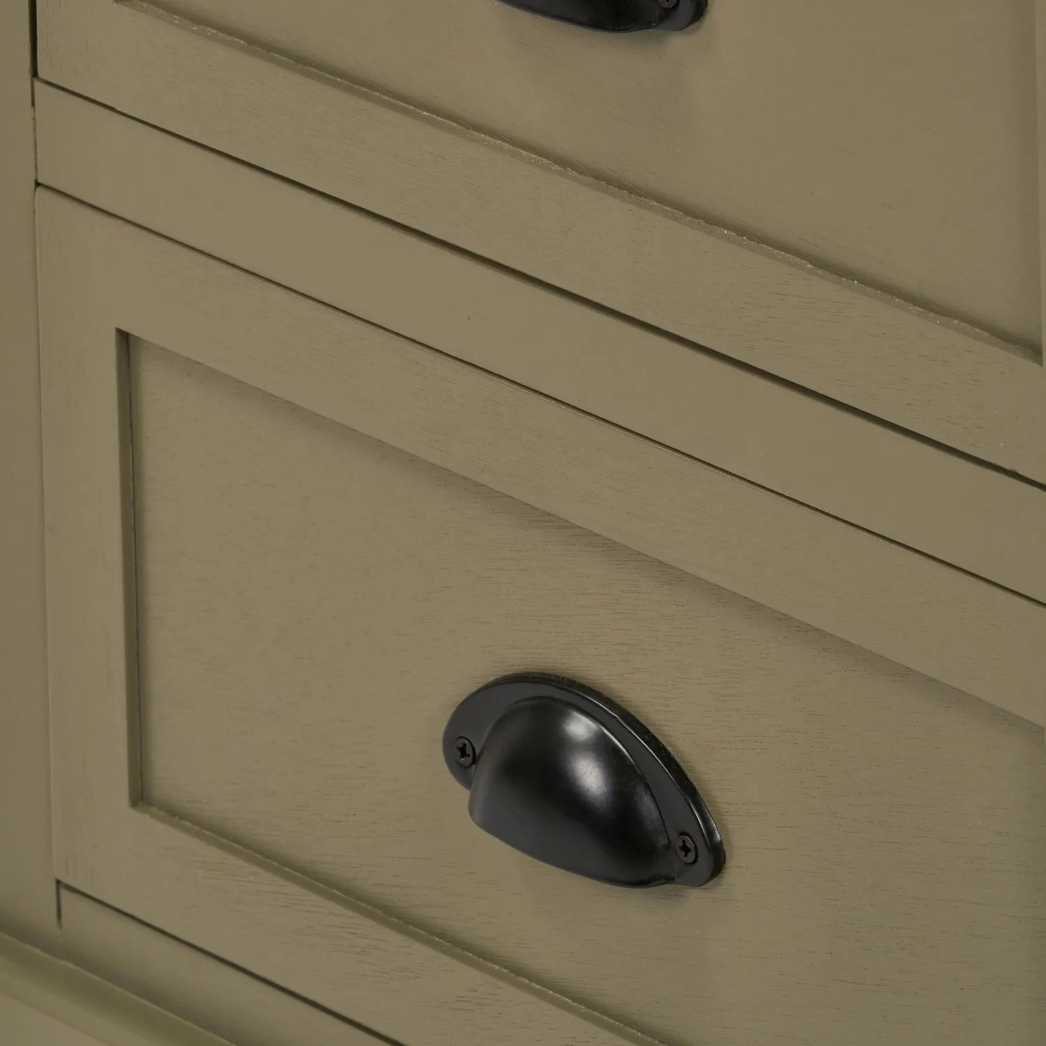 Olive Green Pine Wood 3 Drawer Chest of Drawers with Matt Black Cup Handle Close Up | Click Style