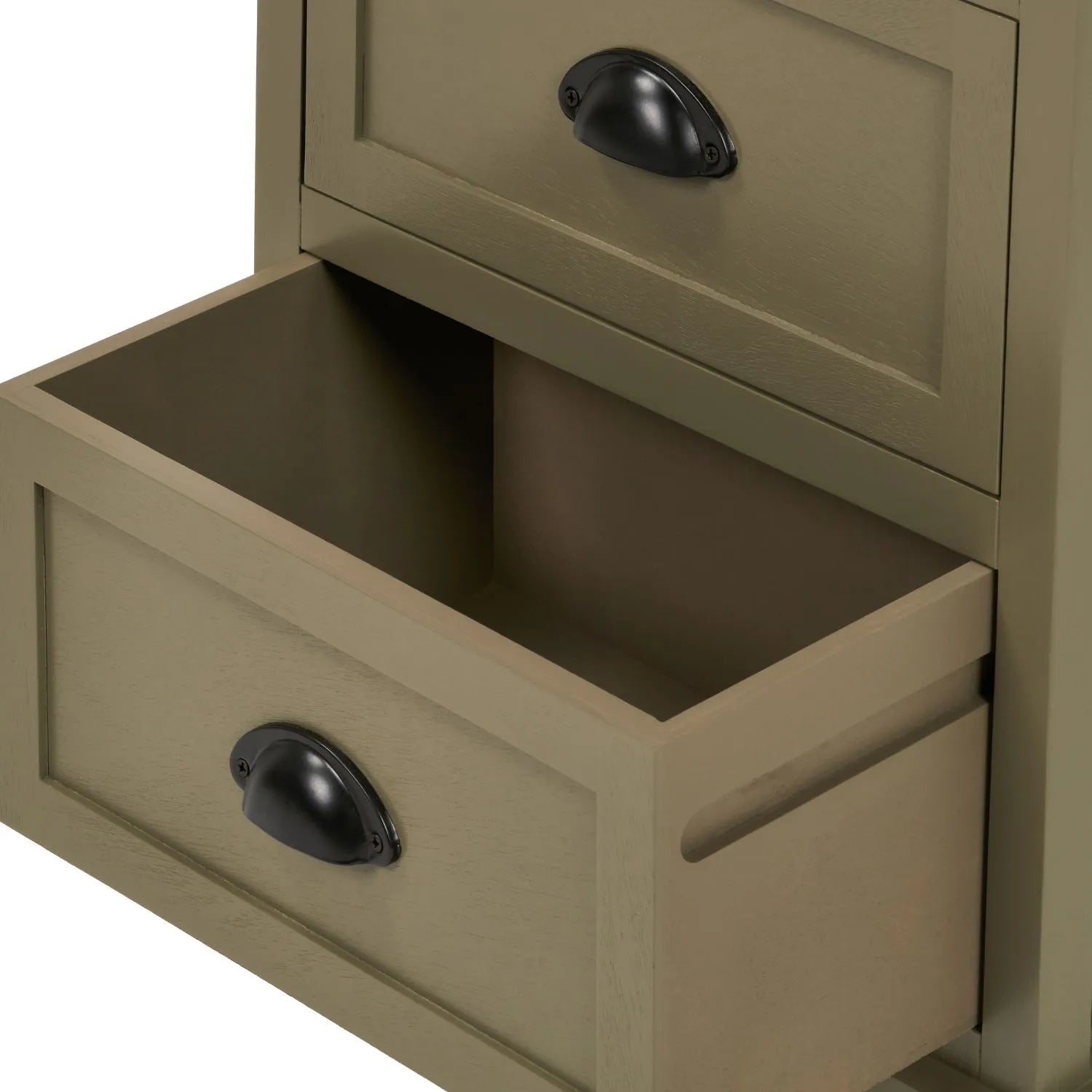 Olive Green Pine Wood 3 Drawer Chest of Drawers with Matt Black Cup Handles Angled Close Up of Bottom Drawer Open | Click Style