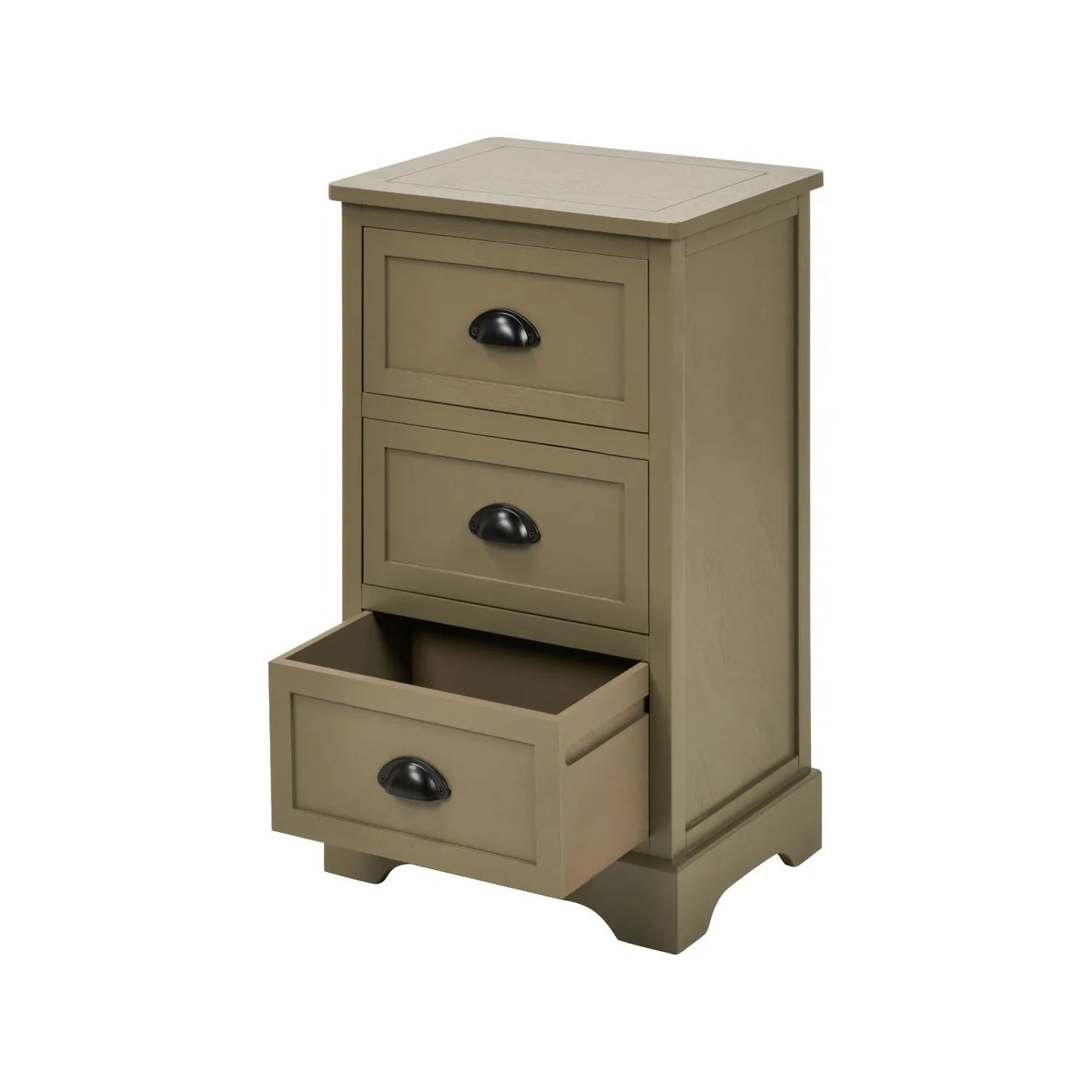 Olive Green Pine Wood 3 Drawer Chest of Drawers with Matt Black Cup Handles Angled Front View with Bottom Drawer Open | Click Style