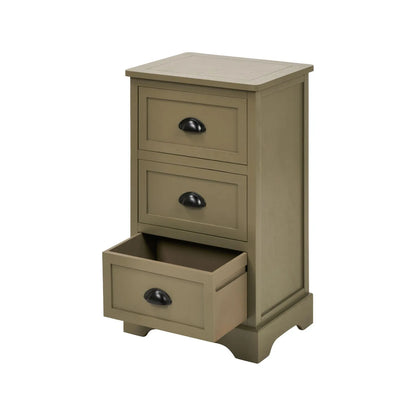 Olive Green Pine Wood 3 Drawer Chest of Drawers with Matt Black Cup Handles Angled Front View with Bottom Drawer Open | Click Style