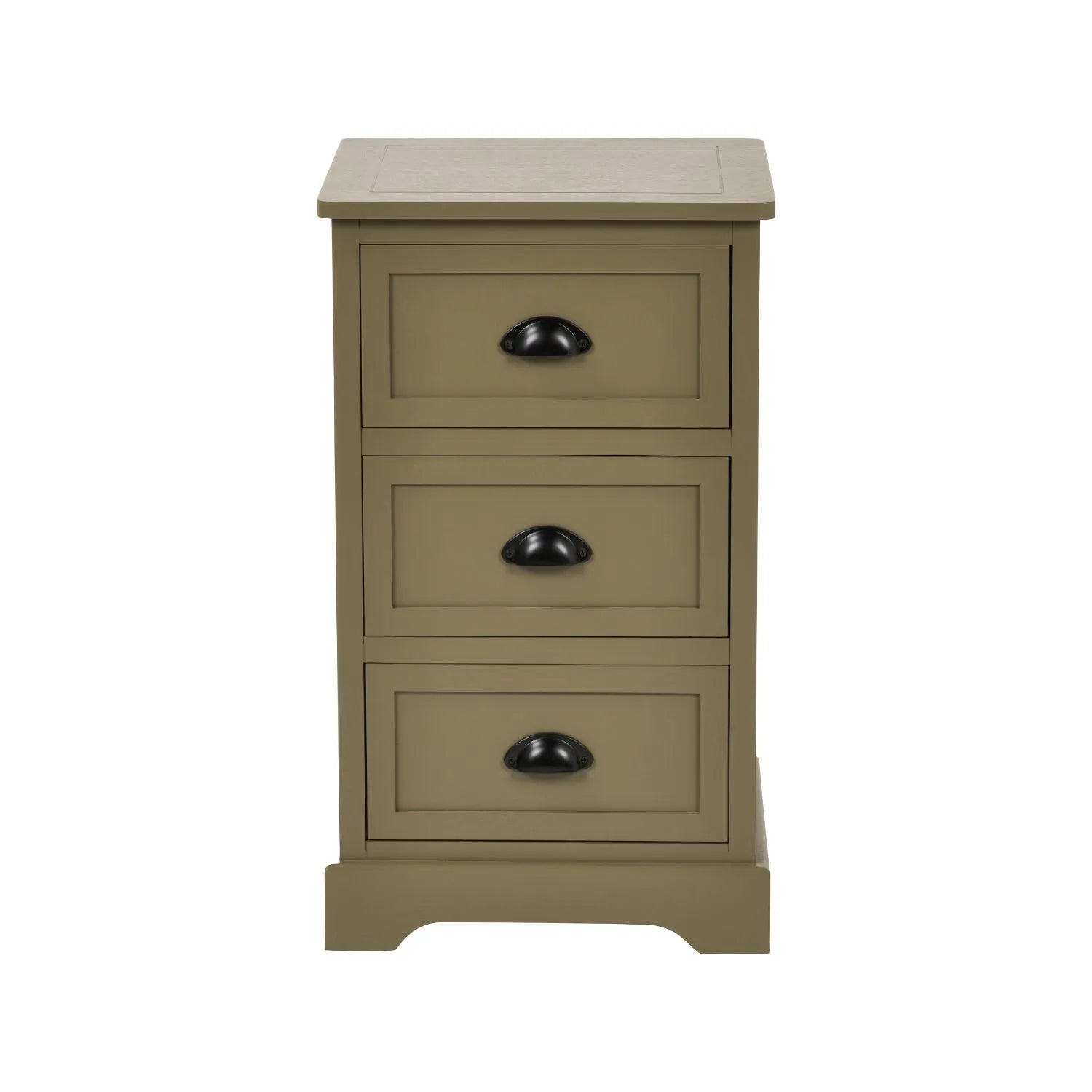 Olive Green Pine Wood 3 Drawer Chest of Drawers with Matt Black Cup Handles Front View | Click Style