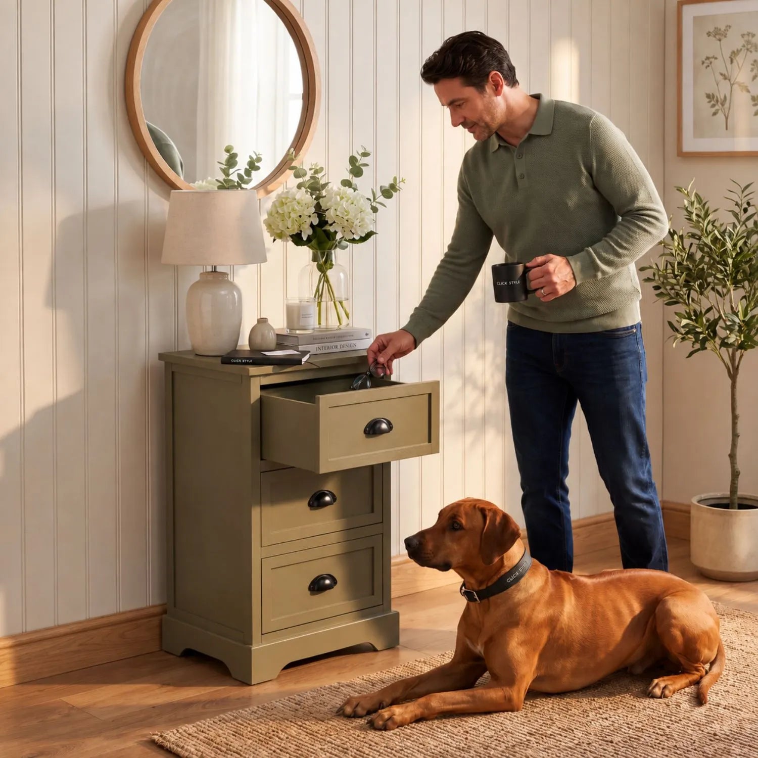 Olive Green Pine Wood 3 Drawer Chest of Drawers with Matt Black Cup Handles Styled in a Modern Country Bedroom with Man Opening Drawer and Rhodesian Ridgeback Dog 70x41x33cm | Click Style