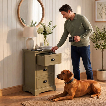 Olive Green Pine Wood 3 Drawer Chest of Drawers with Matt Black Cup Handles Styled in a Modern Country Bedroom with Man Opening Drawer and Rhodesian Ridgeback Dog 70x41x33cm | Click Style