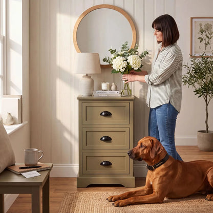 Olive Green Pine Wood 3 Drawer Chest of Drawers with Matt Black Cup Handles Styled in a Modern Country Bedroom with Woman Arranging Flowers and Rhodesian Ridgeback Dog 70x41x33cm | Click Style