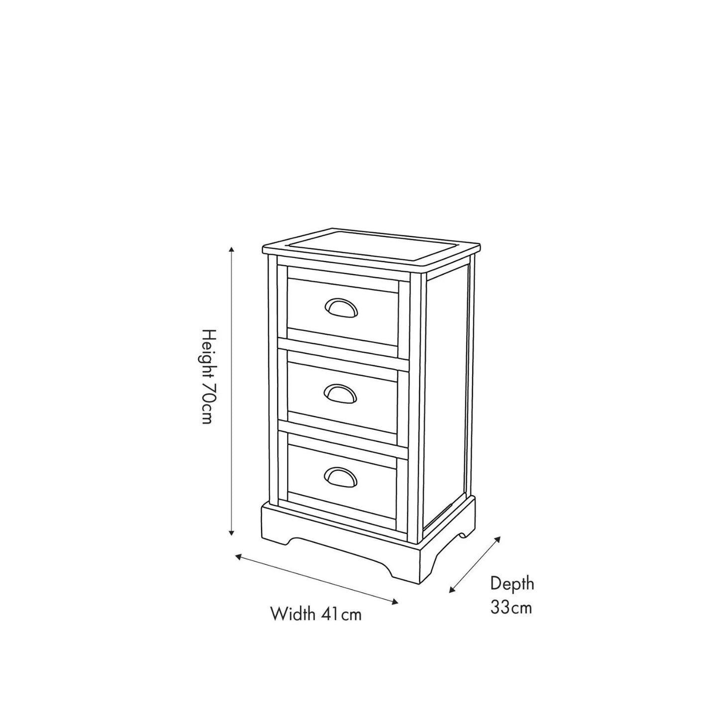 Olive Green Pine Wood 3 Drawer Chest of Drawers Dimensions Diagram Showing Height Width and Depth | Click Style