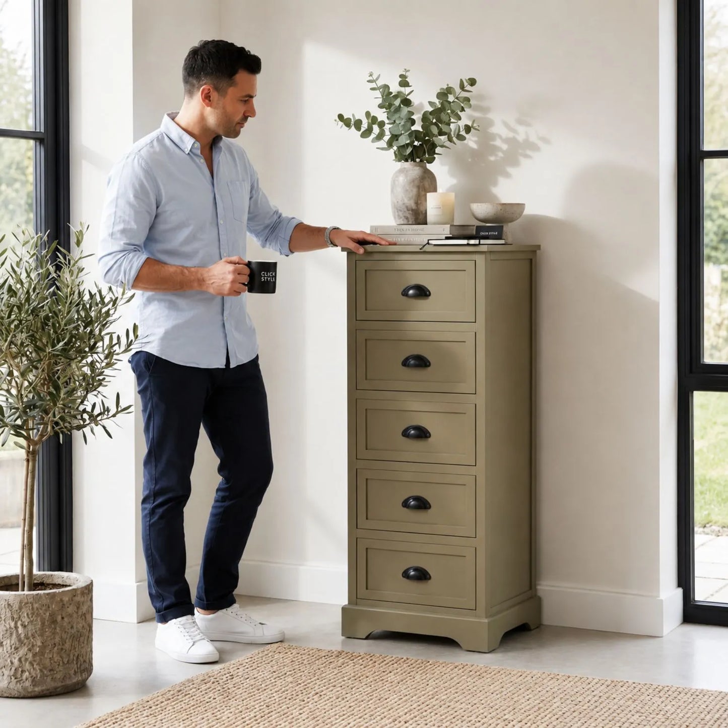 Olive Green Pine Wood 5 Drawer Tall Boy Chest of Drawers with Matt Black Cup Handles with painted open drawer styled in a modern country home 108x41x33cm | Click Style