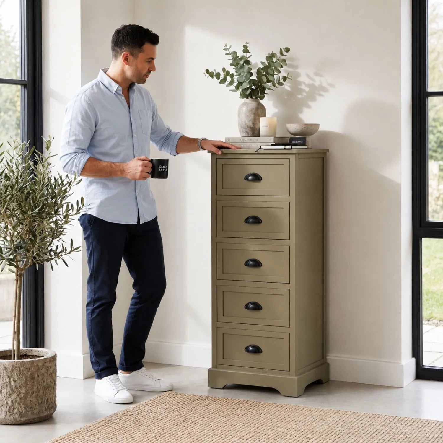 Olive Green Pine Wood 5 Drawer Tall Boy Chest of Drawers with Matt Black Cup Handles with painted open drawer styled in a modern country home 108x41x33cm | Click Style