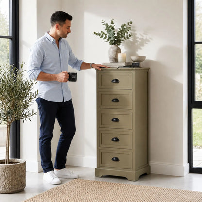 Olive Green Pine Wood 5 Drawer Tall Boy Chest of Drawers with Matt Black Cup Handles with painted open drawer styled in a modern country home 108x41x33cm | Click Style