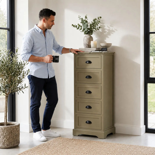 Olive Green Pine Wood 5 Drawer Tall Boy Chest of Drawers with Matt Black Cup Handles with painted open drawer styled in a modern country home 108x41x33cm | Click Style