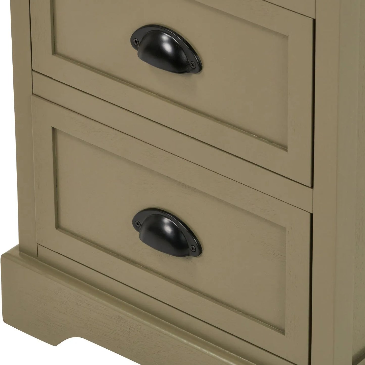 Olive Green Pine Wood 5 Drawer Tall Boy Chest of Drawers Angled Close Up Showing Bottom Two Shaker Drawer Fronts and Matt Black Cup Handles | Click Style