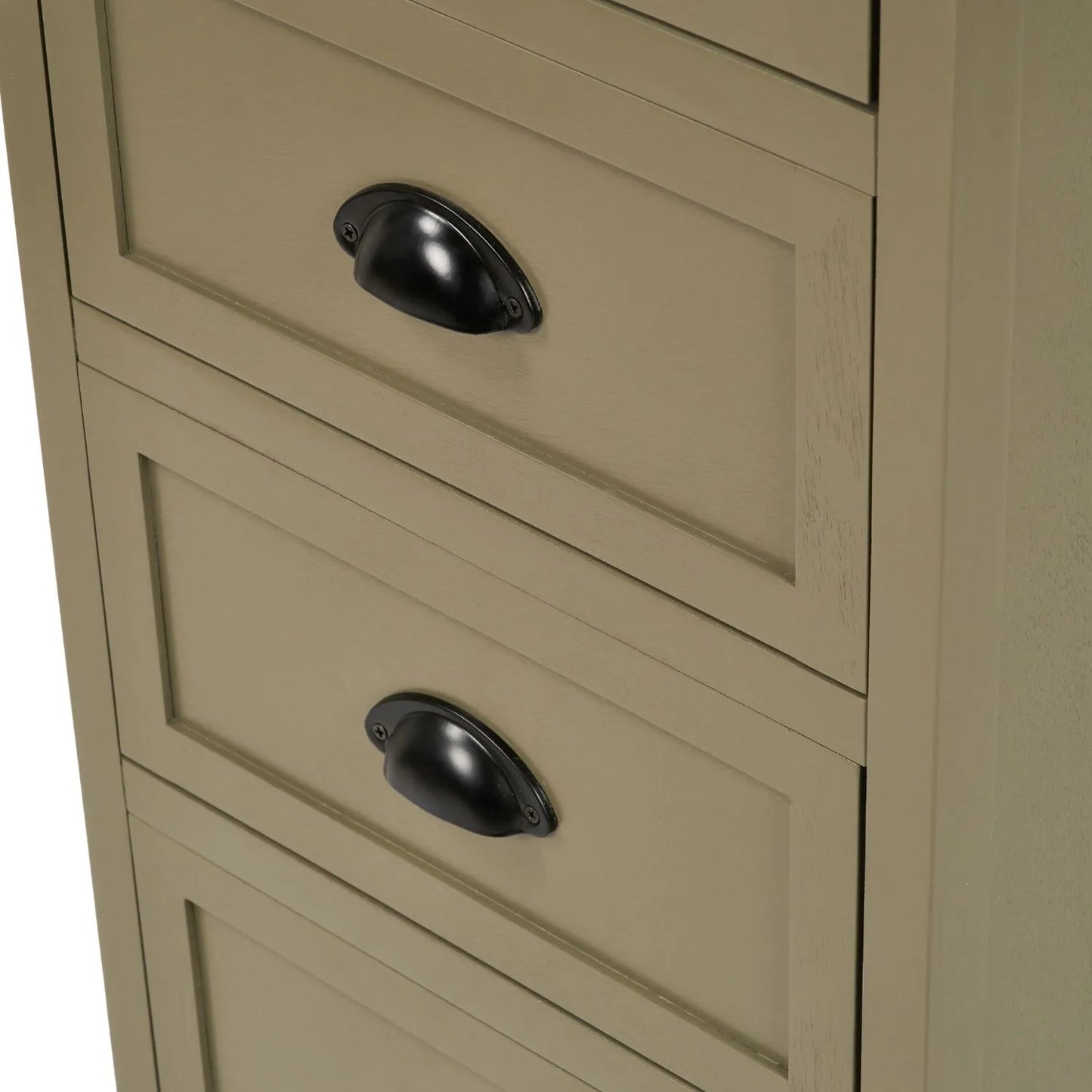Olive Green Pine Wood 5 Drawer Tall Boy Chest of Drawers Angled Close Up Showing Two Shaker Drawer Fronts and Matt Black Cup Handles | Click Style
