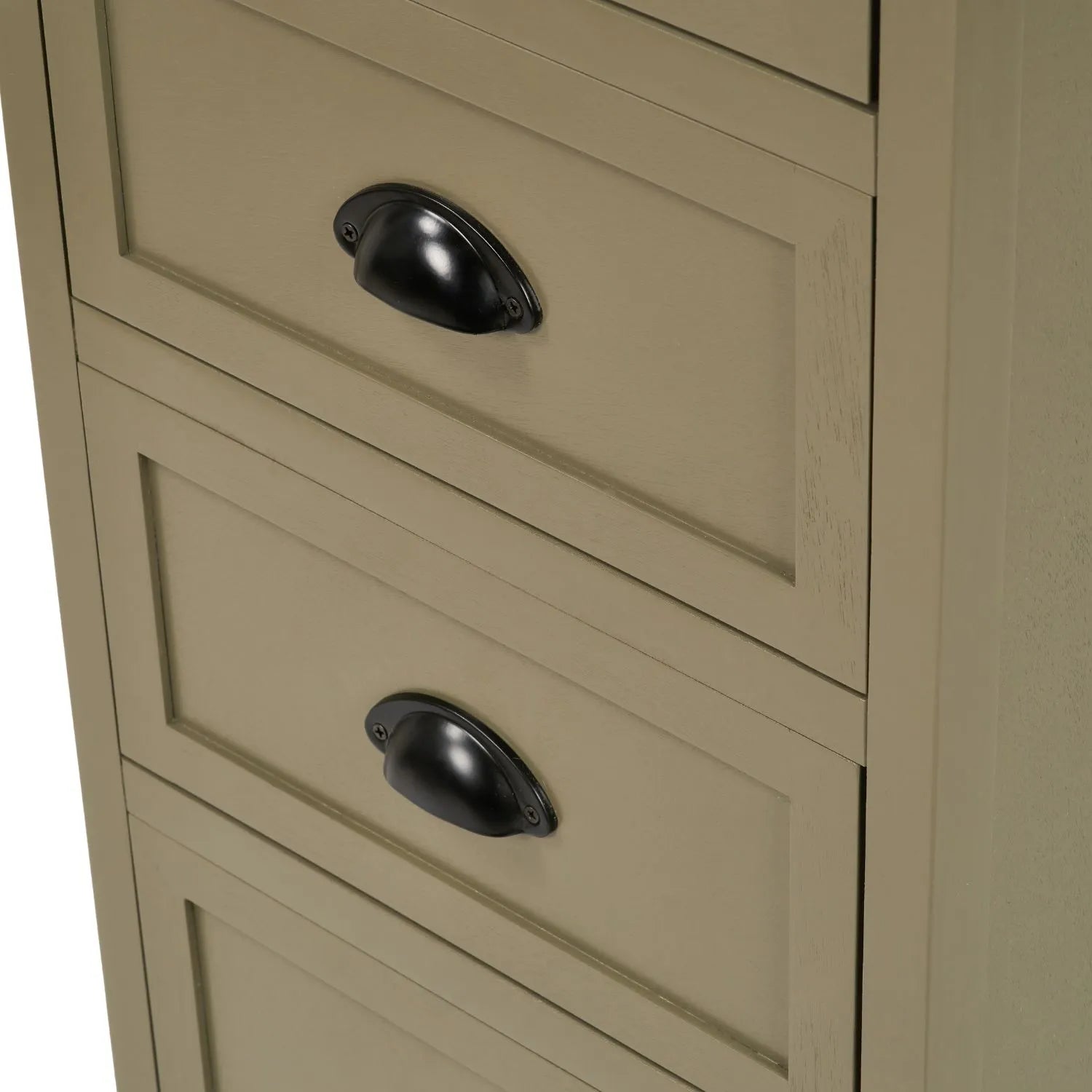 Olive Green Pine Wood 5 Drawer Tall Boy Chest of Drawers Angled Close Up Showing Two Shaker Drawer Fronts and Matt Black Cup Handles | Click Style