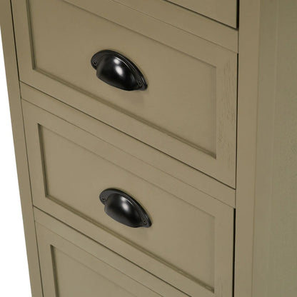 Olive Green Pine Wood 5 Drawer Tall Boy Chest of Drawers Angled Close Up Showing Two Shaker Drawer Fronts and Matt Black Cup Handles | Click Style
