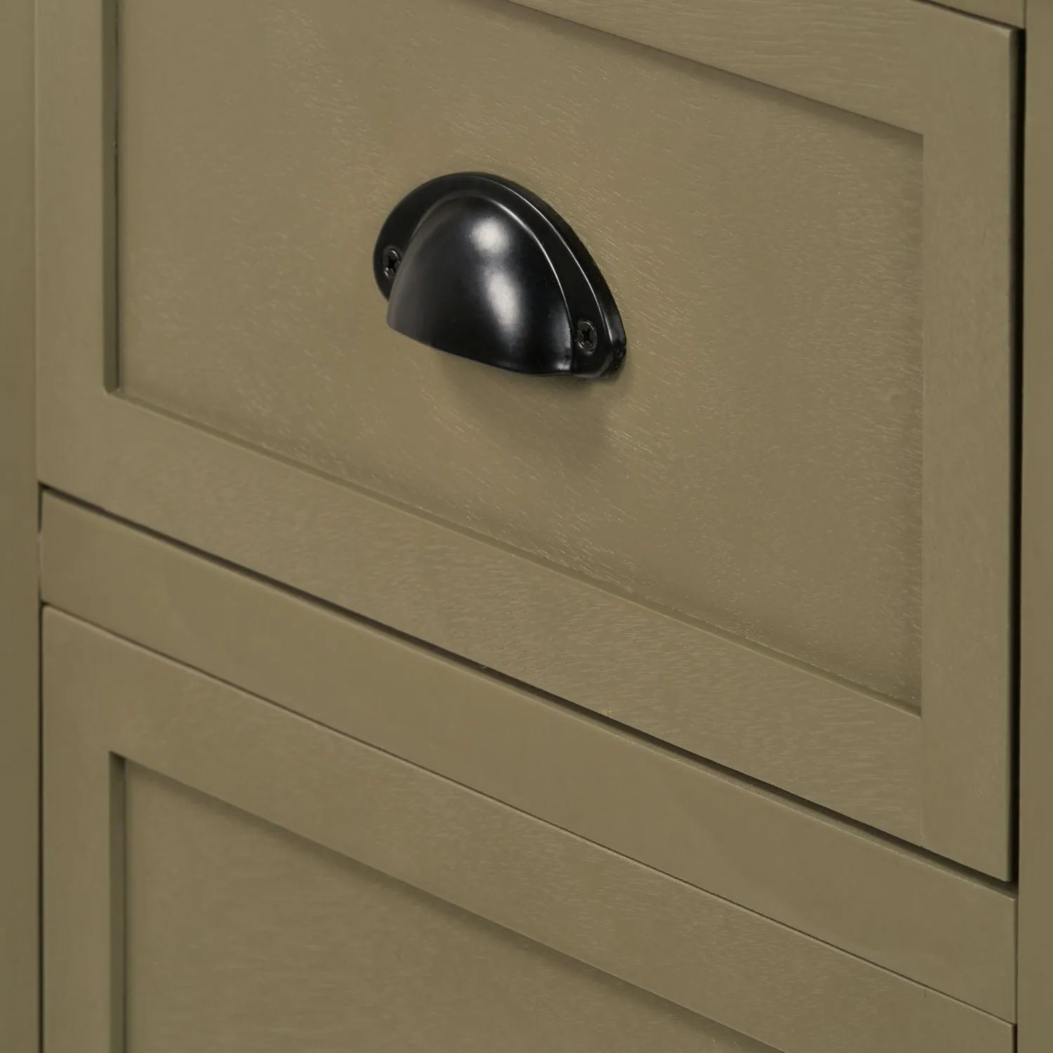 Olive Green Pine Wood 5 Drawer Tall Boy Chest of Drawers Angled Close Up Showing Shaker Drawer Fronts and Matt Black Cup Handle | Click Style