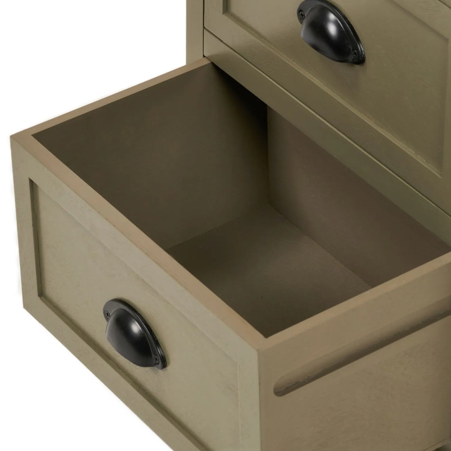 Olive Green Pine Wood 5 Drawer Tall Boy Chest of Drawers Cut Out View Showing Open Drawer Interior and Matt Black Cup Handles | Click Style
