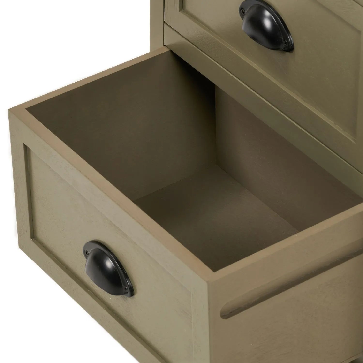 Olive Green Pine Wood 5 Drawer Tall Boy Chest of Drawers Cut Out View Showing Open Drawer Interior and Matt Black Cup Handles | Click Style