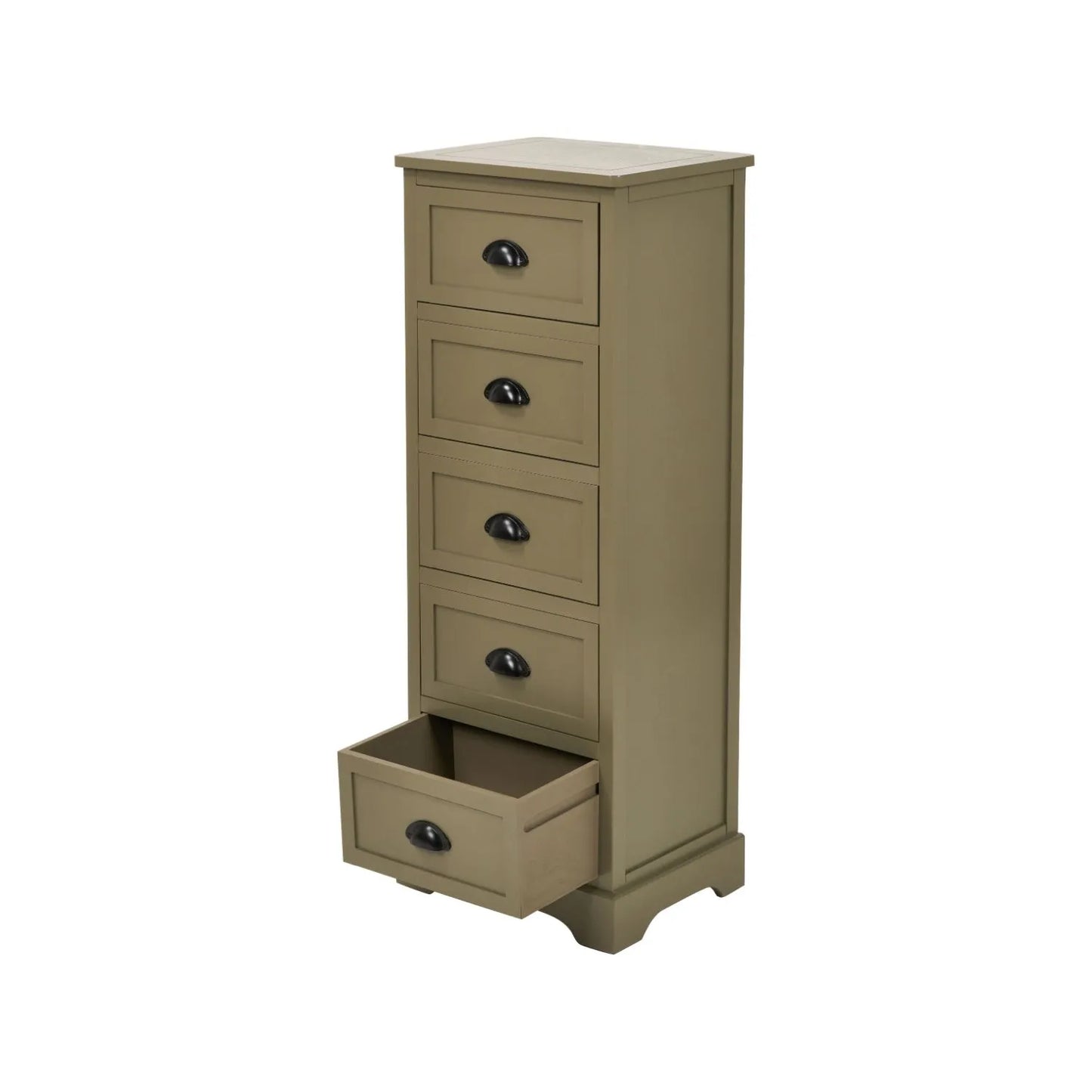 Olive Green Pine Wood 5 Drawer Tall Boy Chest of Drawers with Matt Black Cup Handles Angled Left View with Bottom Drawer Open | Click Style